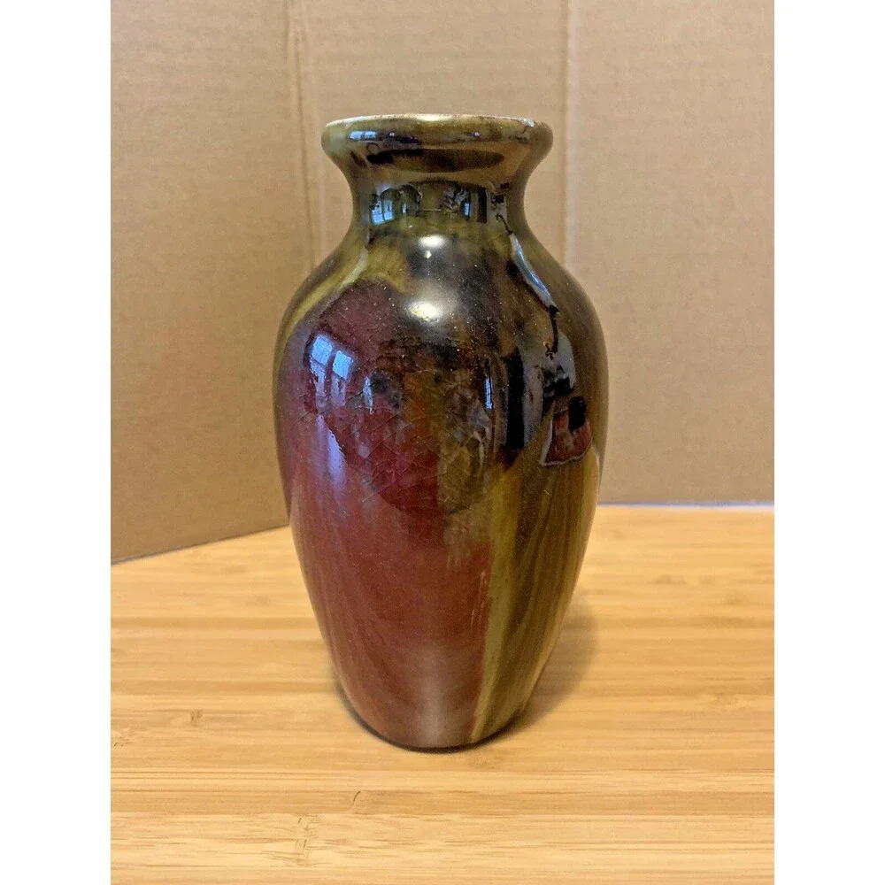 Art Pottery Flower Vase Crackle Glaze Moss Green Wine Red Brown 5.75” Small